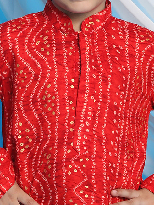 Boy's' Maroon Bandhni Print Kurta And Rose Gold Patiala Set